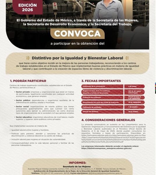 Edomex convoca a empresas a obtener Distintivo por Igualdad Laboral 2026