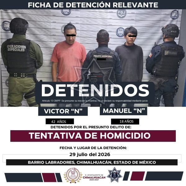 Detienen a dos sujetos por disparar arma de fuego en Chimalhuacán